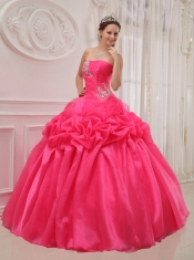 Hot Pink Ball Gown Strapless Floor-length Organza and Taffeta Ruch and Beading Quinceanera Dress