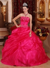 Hot Pink Ball Gown Strapless Floor-length Organza Appliques Quinceanera Dress