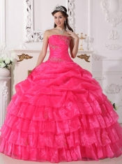 Hot Pink Ball Gown Strapless Floor-length Organza Appliques Quinceanera Dress