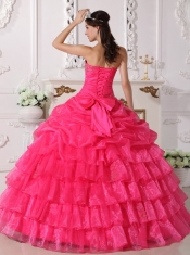 Hot Pink Ball Gown Strapless Floor-length Organza Appliques Quinceanera Dress