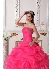 Hot Pink Ball Gown Strapless Floor-length Organza Appliques Quinceanera Dress