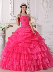 Hot Pink Ball Gown Strapless Floor-length Organza Appliques Quinceanera Dress