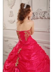 Hot Pink Ball Gown Strapless Floor-length Organza Appliques Quinceanera Dress