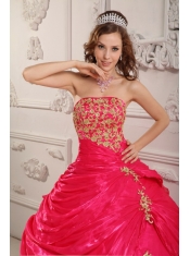 Hot Pink Ball Gown Strapless Floor-length Organza Appliques Quinceanera Dress