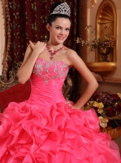 Hot Pink Ball Gown Strapless Floor-length Organza Beading and Appliques Quinceanera Dress