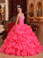 Hot Pink Ball Gown Strapless Floor-length Organza Beading and Appliques Quinceanera Dress