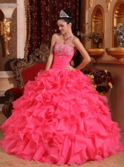 Hot Pink Ball Gown Strapless Floor-length Organza Beading and Appliques Quinceanera Dress