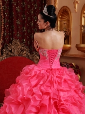 Hot Pink Ball Gown Strapless Floor-length Organza Beading and Appliques Quinceanera Dress