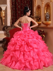 Hot Pink Ball Gown Strapless Floor-length Organza Beading and Appliques Quinceanera Dress