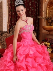 Hot Pink Ball Gown Strapless Floor-length Organza Beading and Appliques Quinceanera Dress
