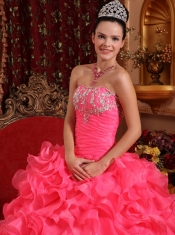 Hot Pink Ball Gown Strapless Floor-length Organza Beading and Appliques Quinceanera Dress
