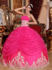 Hot Pink Ball Gown Strapless Floor-length Organza Beading Quinceanera Dress