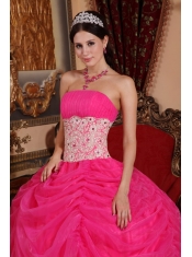 Hot Pink Ball Gown Strapless Floor-length Organza Beading Quinceanera Dress