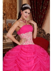 Hot Pink Ball Gown Strapless Floor-length Organza Beading Quinceanera Dress