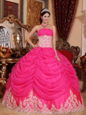 Hot Pink Ball Gown Strapless Floor-length Organza Beading Quinceanera Dress