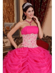 Hot Pink Ball Gown Strapless Floor-length Organza Beading Quinceanera Dress