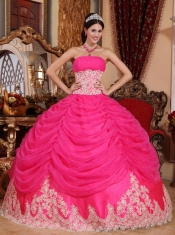 Hot Pink Ball Gown Strapless Floor-length Organza Beading Quinceanera Dress