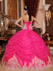 Hot Pink Ball Gown Strapless Floor-length Organza Beading Quinceanera Dress