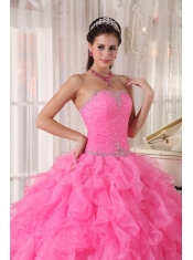 Hot Pink Ball Gown Strapless Floor-length Organza Beading Quinceanera Dress