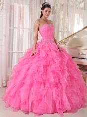 Hot Pink Ball Gown Strapless Floor-length Organza Beading Quinceanera Dress
