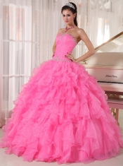 Hot Pink Ball Gown Strapless Floor-length Organza Beading Quinceanera Dress