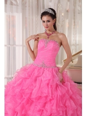 Hot Pink Ball Gown Strapless Floor-length Organza Beading Quinceanera Dress