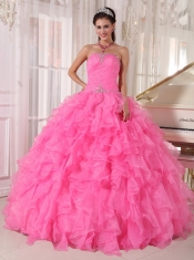 Hot Pink Ball Gown Strapless Floor-length Organza Beading Quinceanera Dress