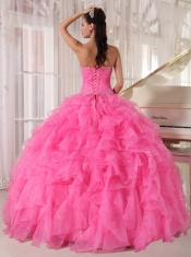 Hot Pink Ball Gown Strapless Floor-length Organza Beading Quinceanera Dress