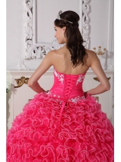 Hot Pink Ball Gown Strapless Floor-length Organza Embroidery with Beading Quinceanera Dress