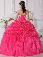 Hot Pink Ball Gown Strapless Floor-length Organza Embroidery with Beading Quinceanera Dress