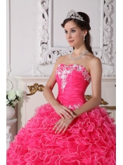 Hot Pink Ball Gown Strapless Floor-length Organza Embroidery with Beading Quinceanera Dress