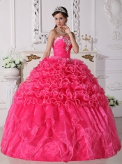 Hot Pink Ball Gown Strapless Floor-length Organza Embroidery with Beading Quinceanera Dress