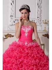 Hot Pink Ball Gown Strapless Floor-length Organza Embroidery with Beading Quinceanera Dress