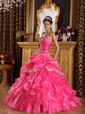 Hot Pink Ball Gown Strapless Floor-length Organza Quinceanera Dress