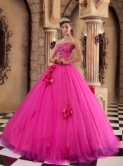 Hot Pink Ball Gown Strapless Floor-length Satin and Tulle Appliques Quinceanera Dress