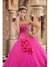 Hot Pink Ball Gown Strapless Floor-length Satin and Tulle Appliques Quinceanera Dress