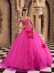 Hot Pink Ball Gown Strapless Floor-length Satin and Tulle Appliques Quinceanera Dress