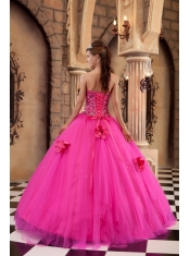 Hot Pink Ball Gown Strapless Floor-length Satin and Tulle Appliques Quinceanera Dress