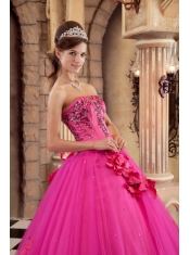 Hot Pink Ball Gown Strapless Floor-length Satin and Tulle Appliques Quinceanera Dress