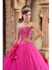 Hot Pink Ball Gown Strapless Floor-length Satin and Tulle Appliques Quinceanera Dress