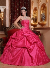 Hot Pink Ball Gown Strapless Floor-length Taffeta Beading Quinceanera Dress