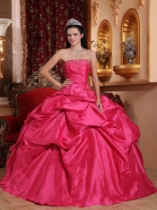 Hot Pink Ball Gown Strapless Floor-length Taffeta Beading Quinceanera Dress