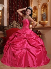 Hot Pink Ball Gown Strapless Floor-length Taffeta Beading Quinceanera Dress