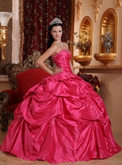 Hot Pink Ball Gown Strapless Floor-length Taffeta Beading Quinceanera Dress