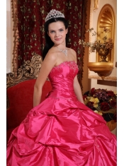 Hot Pink Ball Gown Strapless Floor-length Taffeta Beading Quinceanera Dress