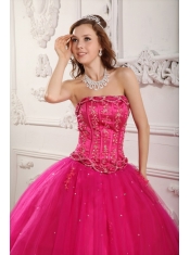 Hot Pink Ball Gown Strapless Floor-length Tulle Beading Quinceanera Dress