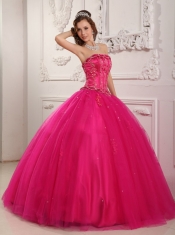 Hot Pink Ball Gown Strapless Floor-length Tulle Beading Quinceanera Dress