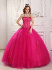 Hot Pink Ball Gown Strapless Floor-length Tulle Beading Quinceanera Dress