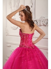 Hot Pink Ball Gown Strapless Floor-length Tulle Beading Quinceanera Dress