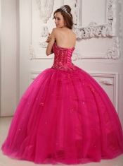 Hot Pink Ball Gown Strapless Floor-length Tulle Beading Quinceanera Dress
